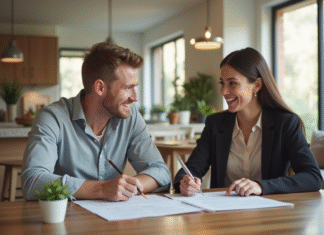 Prêt hypothécaire : les avantages et inconvénients à considérer Jeune couple souriant discutant de prêt immobilier dans un intérieur lumineux