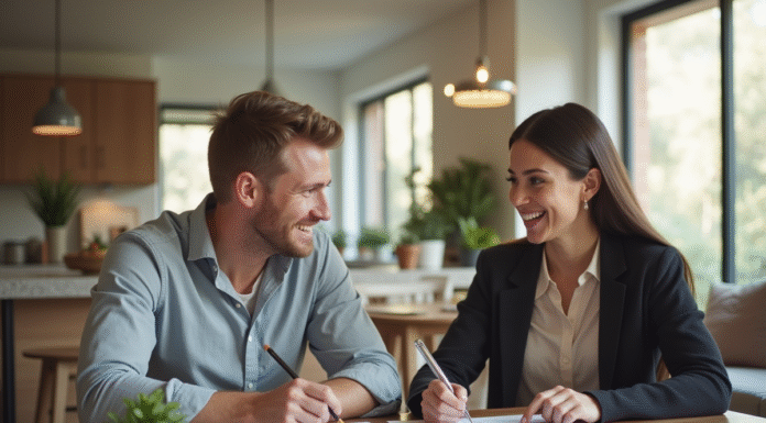 Jeune couple souriant discutant de prêt immobilier dans un intérieur lumineux