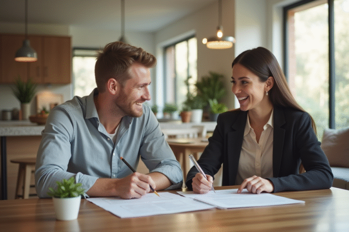 couple-sourire-pret-immobilier Jeune couple souriant discutant de prêt immobilier dans un intérieur lumineux
