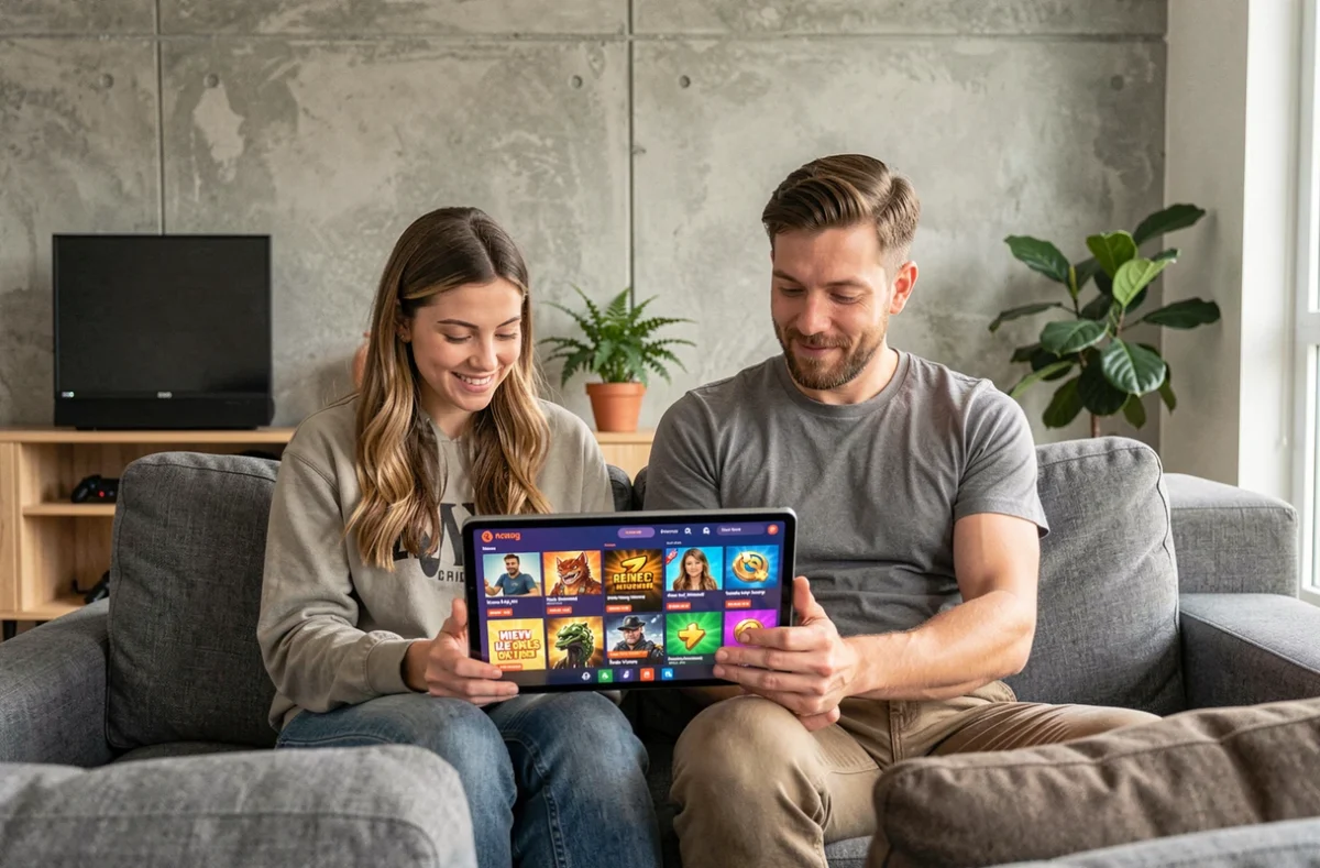 Deux joueurs adultes explorant les offres du Supercell Store Brawl Stars sur une tablette dans un salon moderne