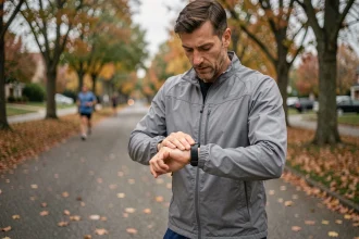 Coureur vérifiant sa montre GPS pour convertir des miles en kilomètres lors d'un jogging en plein air