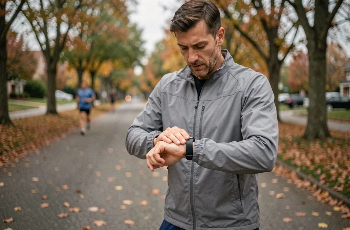 Coureur vérifiant sa montre GPS pour convertir des miles en kilomètres lors d'un jogging en plein air