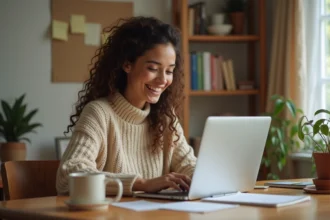 Jeune femme créant un blog personnel sur son ordinateur portable dans un bureau à domicile chaleureux