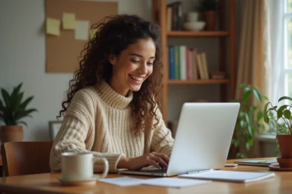 Jeune femme créant un blog personnel sur son ordinateur portable dans un bureau à domicile chaleureux