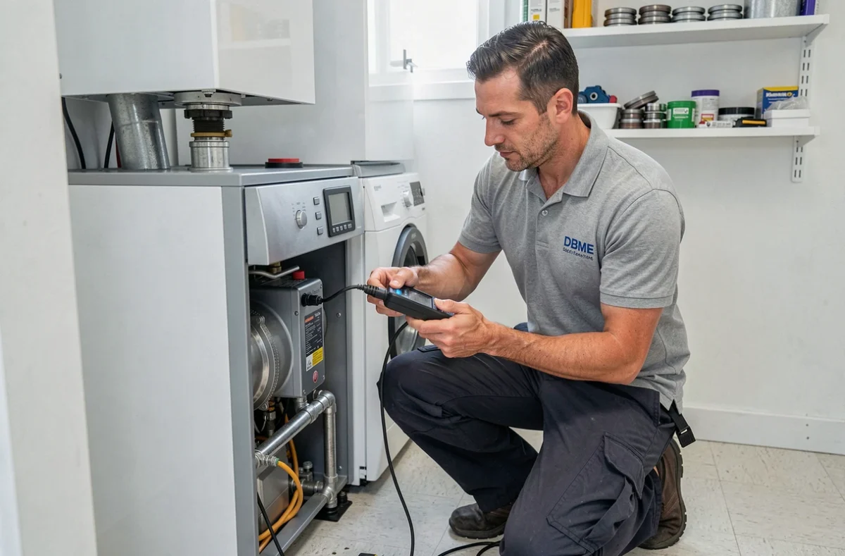 Technicien DBME réalisant un diagnostic sur une chaudière dans une buanderie d'une maison française