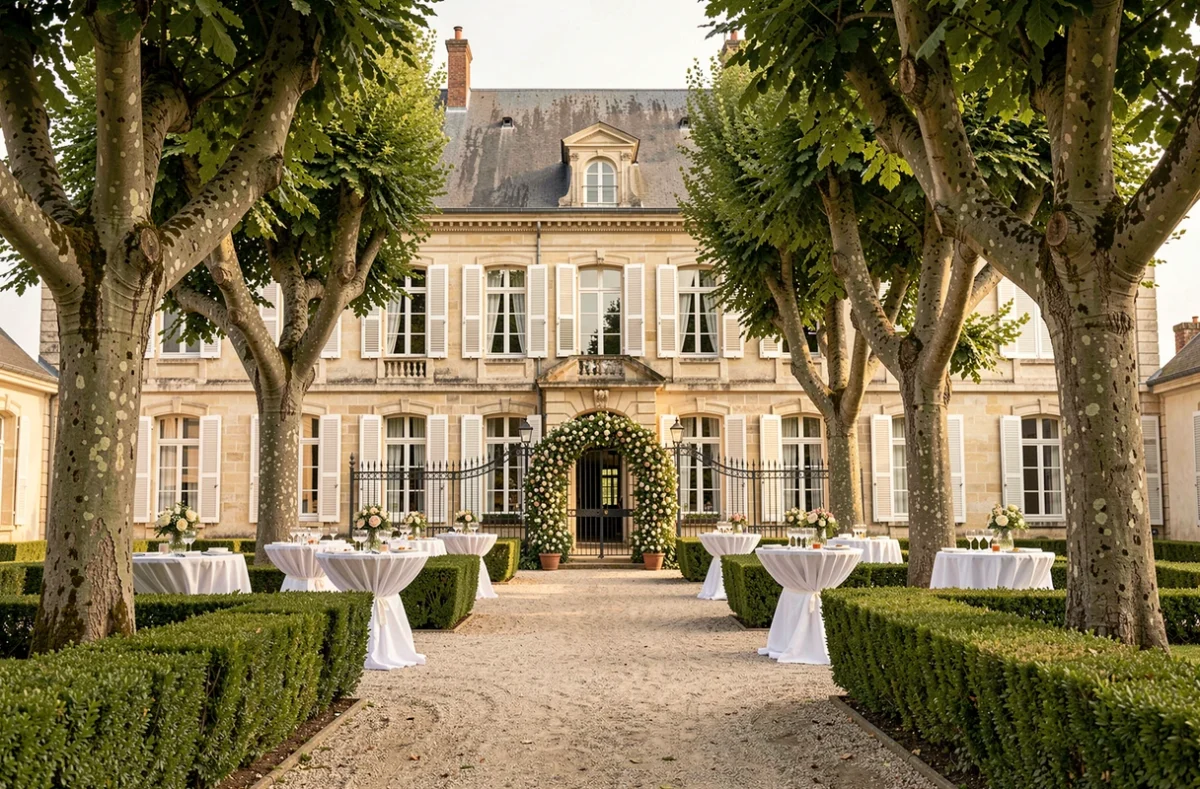Façade du manoir Les Demeures de Varennes en Essonne avec cour pavée décorée pour une réception de mariage
