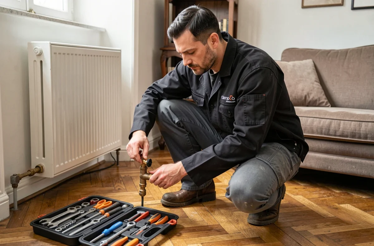 Technicien Demirli réparant une vanne de radiateur dans le salon d'un appartement français