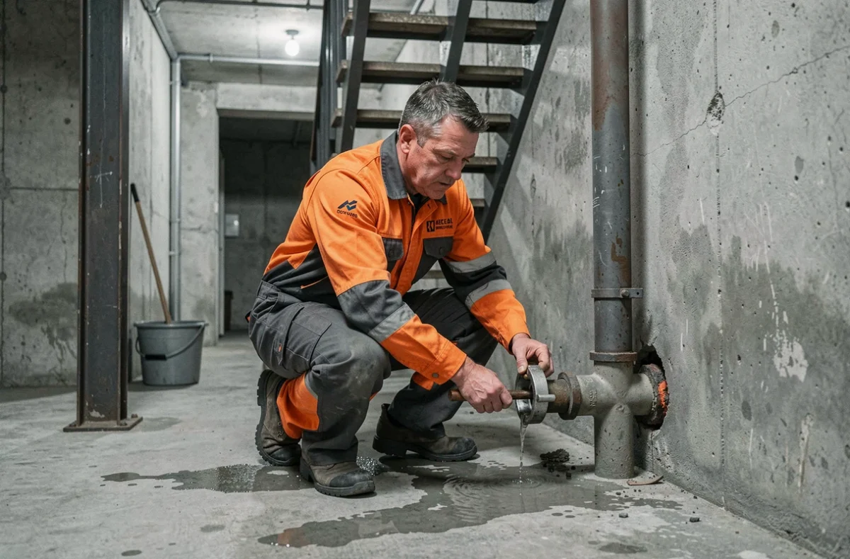 Technicien Dépanneo Ain réparant une fuite sur une canalisation en urgence dans un sous-sol résidentiel