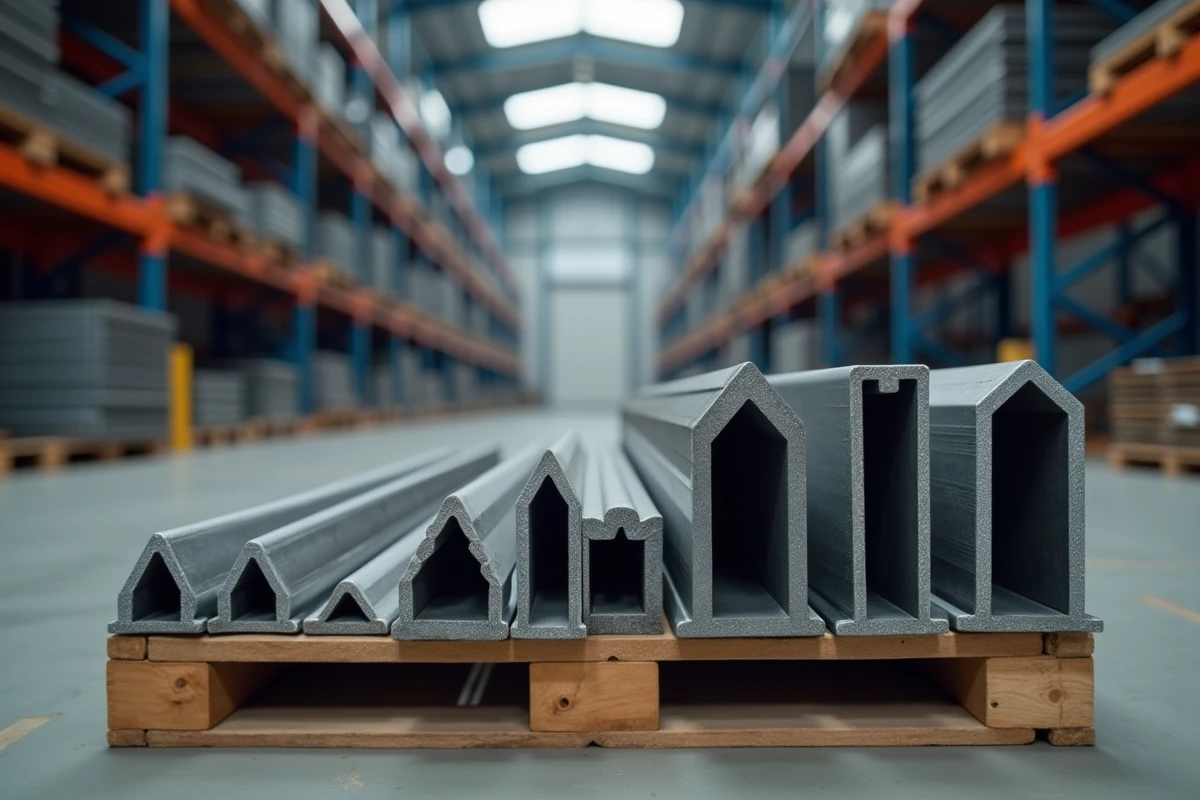 Gros plan sur des cornières acier en L de différentes dimensions stockées dans un entrepôt métallurgique