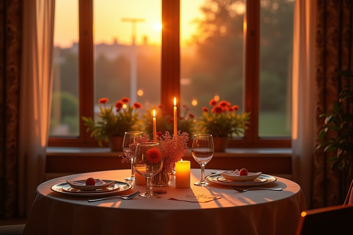 Diner romantique au coucher du soleil avec bougies et fleurs