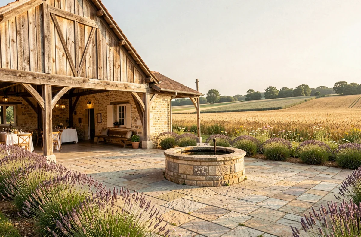 Domaine de la Patulière en Essonne avec grange rénovée et terrasse de réception donnant sur les champs