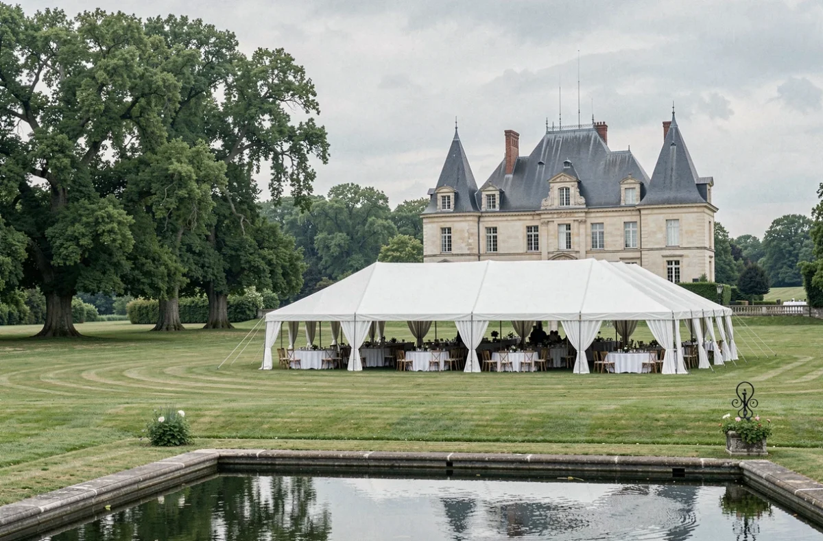 Domaine de Quincampoix en Essonne avec tente de réception sur le parc du château et pièce d'eau en premier plan