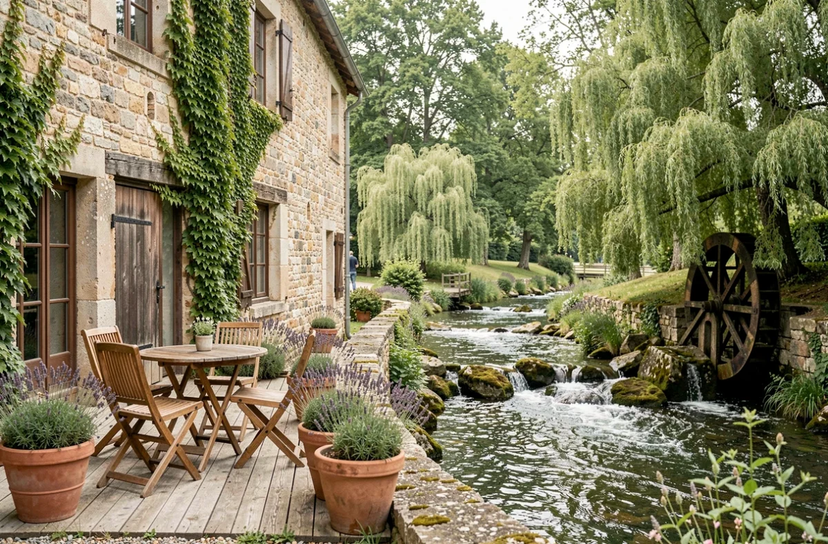 Domaine du Moulin des Noues en Essonne avec terrasse de réception au bord du ruisseau et bâtiment en pierre