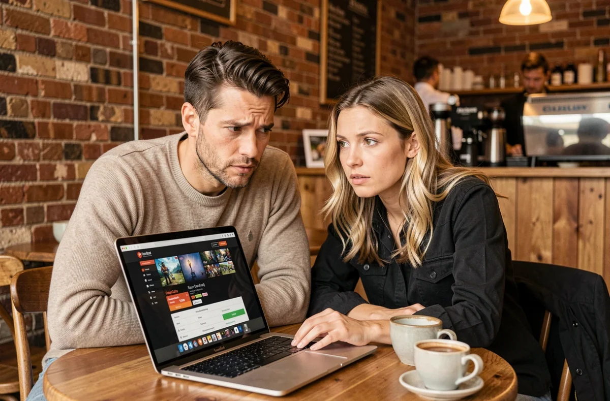 Deux personnes discutant des options gratuites et payantes du jeu Aeonscope devant un ordinateur portable dans un café