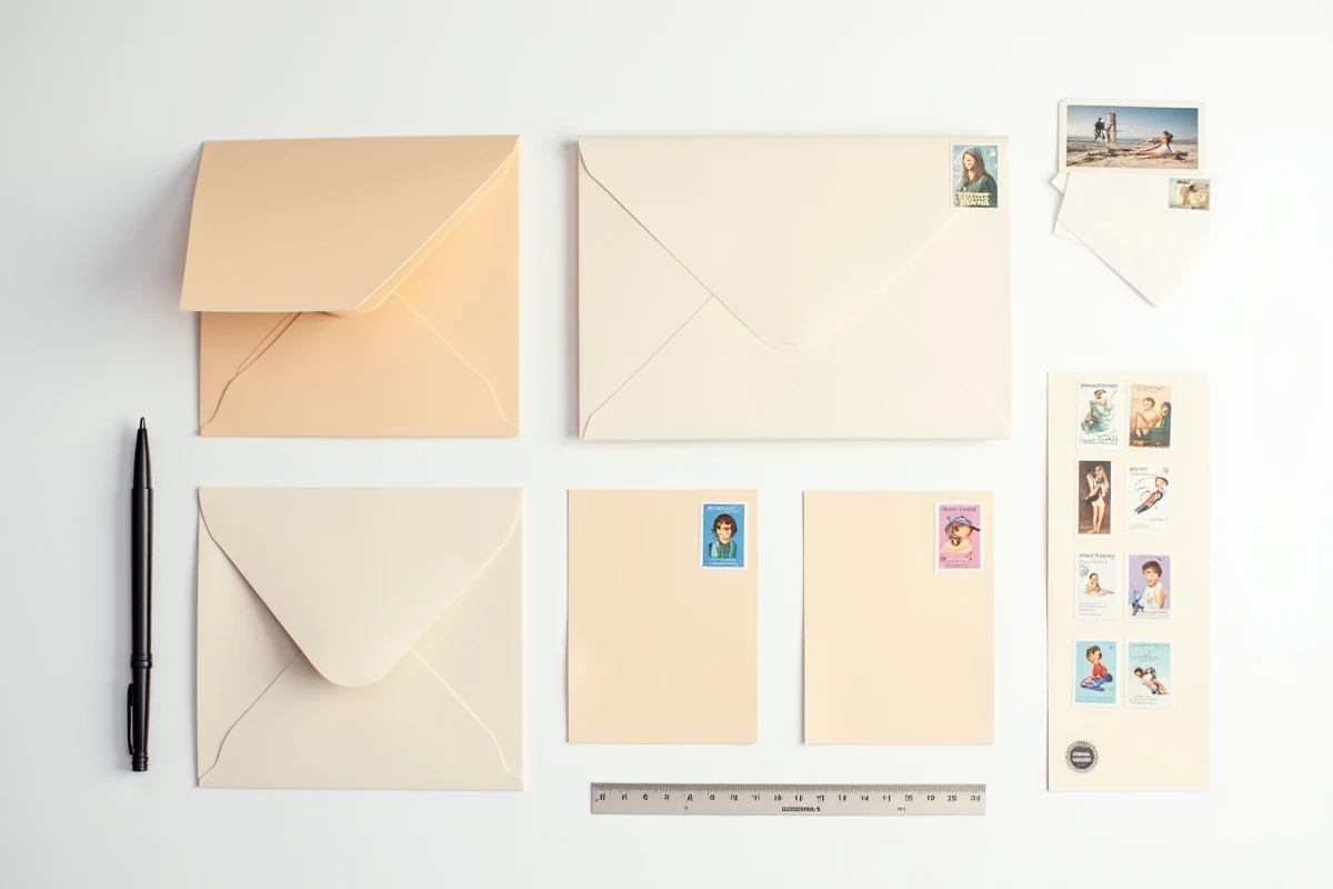 Vue de dessus d'enveloppes avec timbres correctement collés dans le coin supérieur droit, accompagnées d'une planche de timbres et d'un stylo