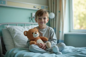 Jeune garçon assis sur un lit d'hôpital avec peluche