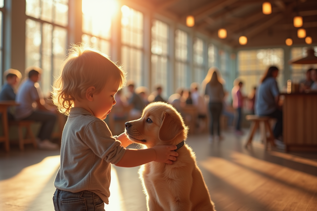 Enfant caressant doucement un petit chiot dans une ambiance chaleureuse