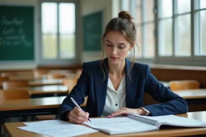 Enseignante d'âge mûr analysant une grille de salaires dans une salle de classe vide