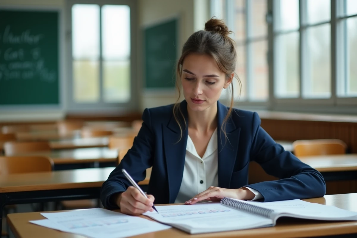 Enseignante d'âge mûr analysant une grille de salaires dans une salle de classe vide