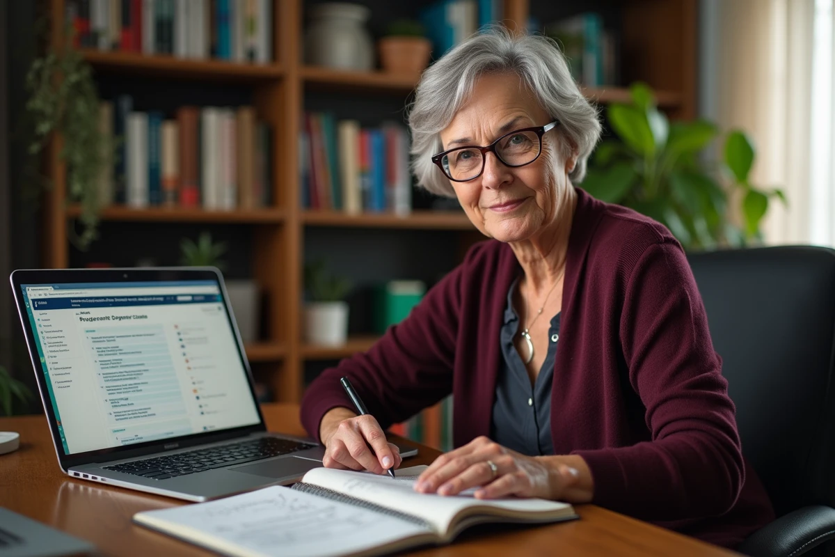 Enseignante senior consultant la grille salariale officielle sur son ordinateur à domicile