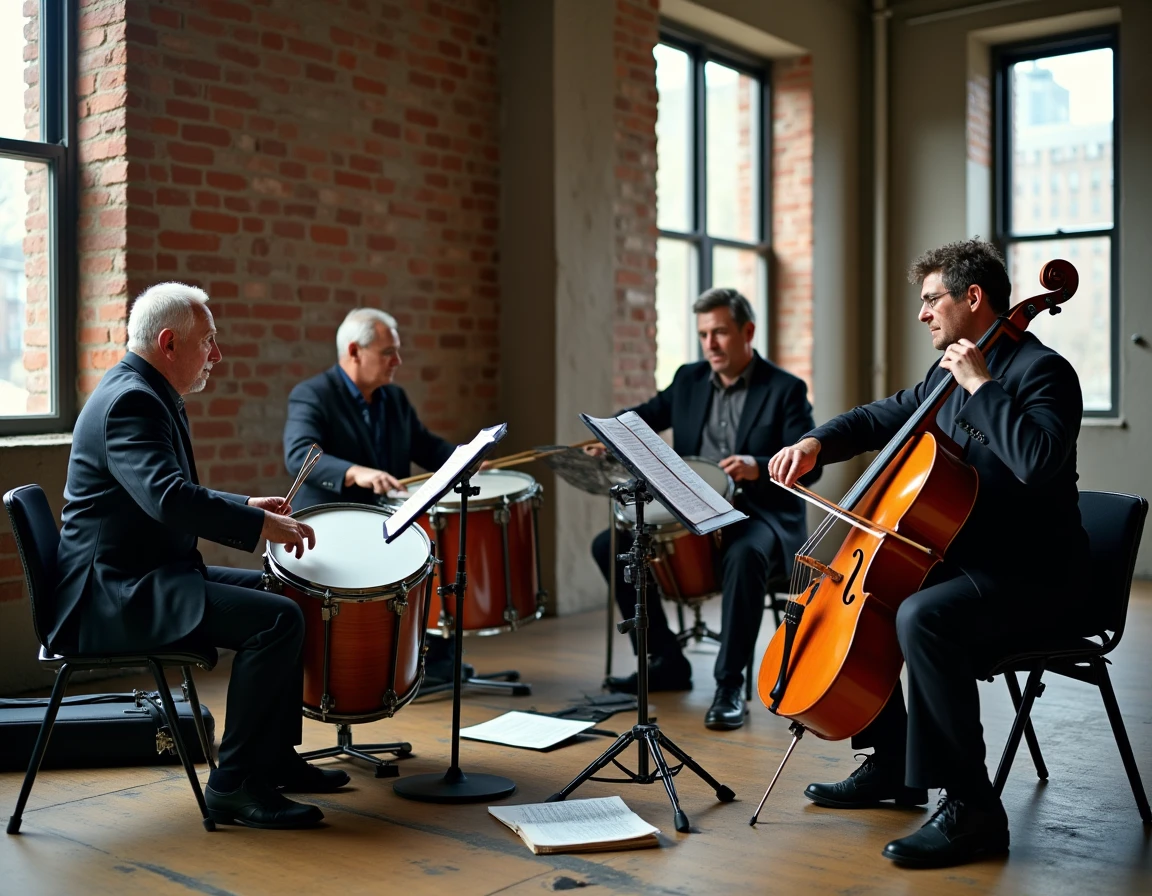 Ensemble de chambre répétant une fusion de percussions militaires et instruments modernes dans un loft industriel