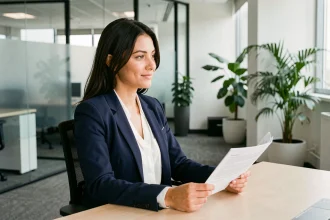 Jeune femme professionnelle en entretien d'embauche tenant un CV, illustrant l'importance d'un bon vocabulaire de candidature