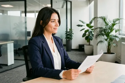 Jeune femme professionnelle en entretien d'embauche tenant un CV, illustrant l'importance d'un bon vocabulaire de candidature