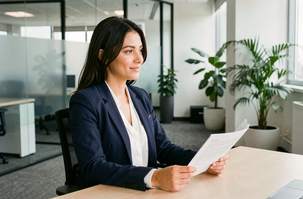 Jeune femme professionnelle en entretien d'embauche tenant un CV, illustrant l'importance d'un bon vocabulaire de candidature