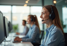 Equipe support client souriante dans un bureau lumineux