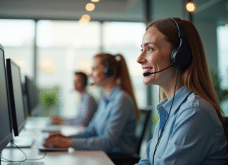 Equipe support client souriante dans un bureau lumineux