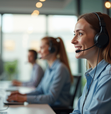 Equipe support client souriante dans un bureau lumineux