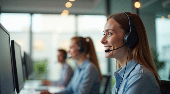 Equipe support client souriante dans un bureau lumineux