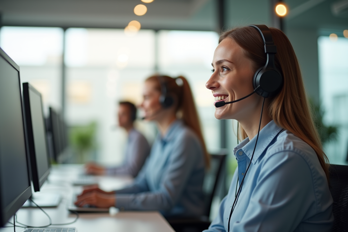 Equipe support client souriante dans un bureau lumineux