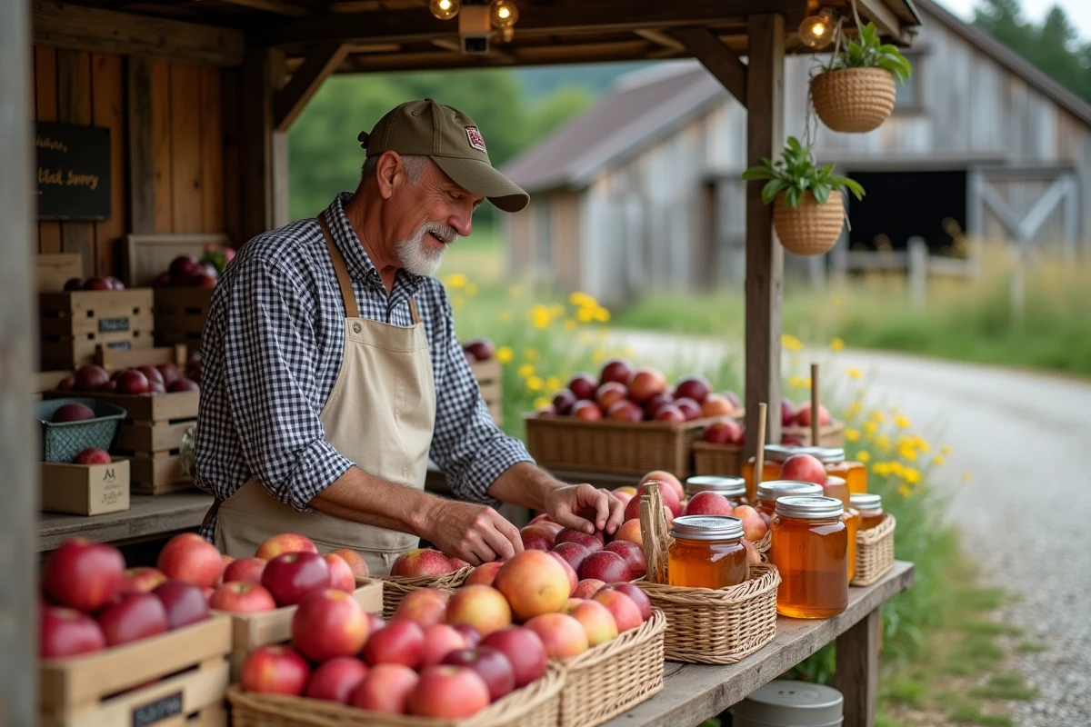 Homme gérant un étal de marché champêtre avec pommes, miels et étiquettes de prix artisanales au bord d'une route rurale