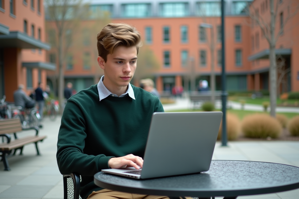 Etudiant en extérieur travaillant sur son ordinateur portable