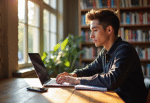 Étudiant à Rouen travaillant à la bibliothèque avec ordinateur