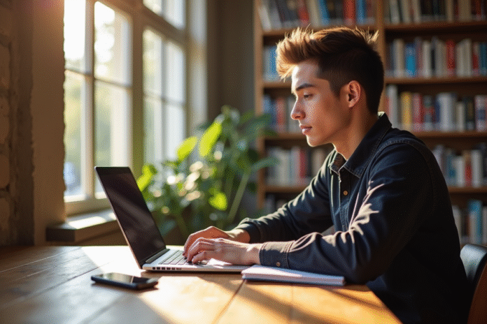etudiant-rouen-bibliotheque Étudiant à Rouen travaillant à la bibliothèque avec ordinateur