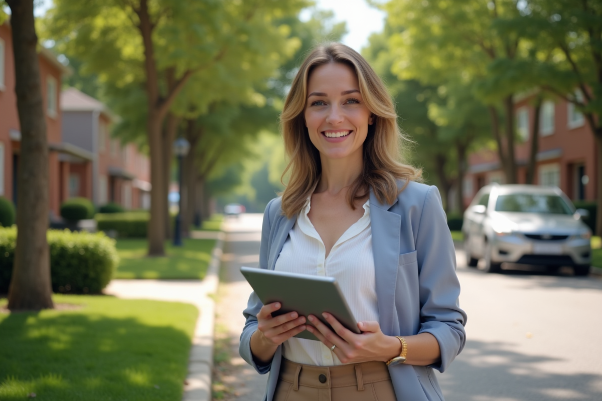 Experte immobiliere souriante devant maison de banlieue