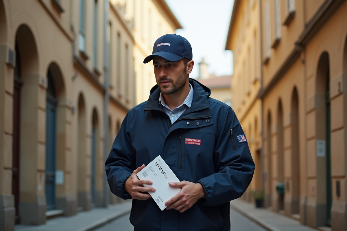 Facteur livrant du courrier aux maisons bordelaises avec codes postaux