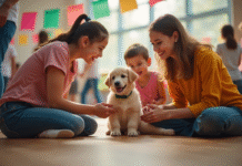 Famille rencontrant un chiot lors d'un événement d'adoption