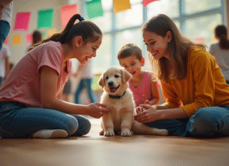 Famille rencontrant un chiot lors d'un événement d'adoption