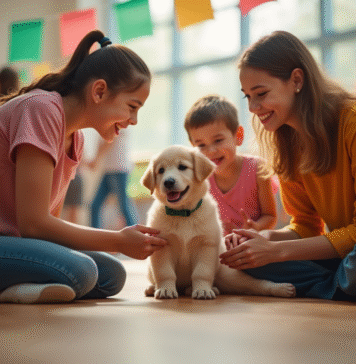 Famille rencontrant un chiot lors d'un événement d'adoption