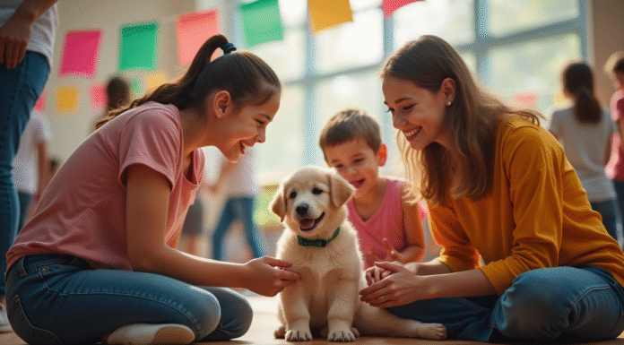 Famille rencontrant un chiot lors d'un événement d'adoption