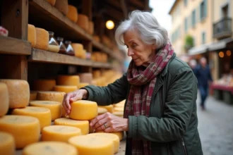 Femme âgée choisissant du fromage au marché d'ArgelesGazost