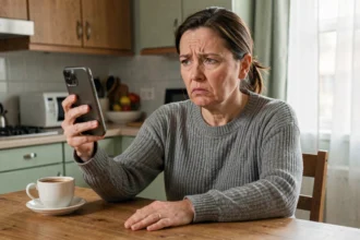 Femme frustrée recevant un appel téléphonique indésirable de démarchage sur son smartphone dans sa cuisine