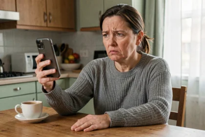 Femme frustrée recevant un appel téléphonique indésirable de démarchage sur son smartphone dans sa cuisine