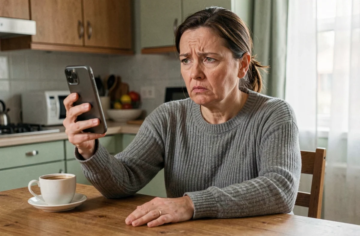 Femme frustrée recevant un appel téléphonique indésirable de démarchage sur son smartphone dans sa cuisine