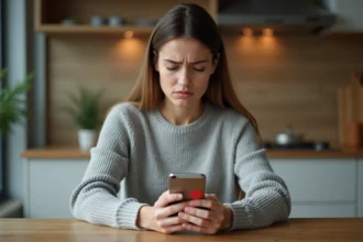Femme frustrée recevant un appel inconnu sur son smartphone dans sa cuisine, illustrant le problème des numéros 06 non identifiés