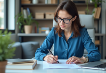 GSR : définition et utilisation en français – Tout savoir sur les GSR Jeune femme au bureau examinant un document GSR