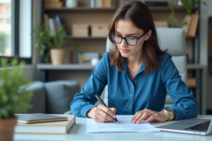 femme-bureau-gsr Jeune femme au bureau examinant un document GSR